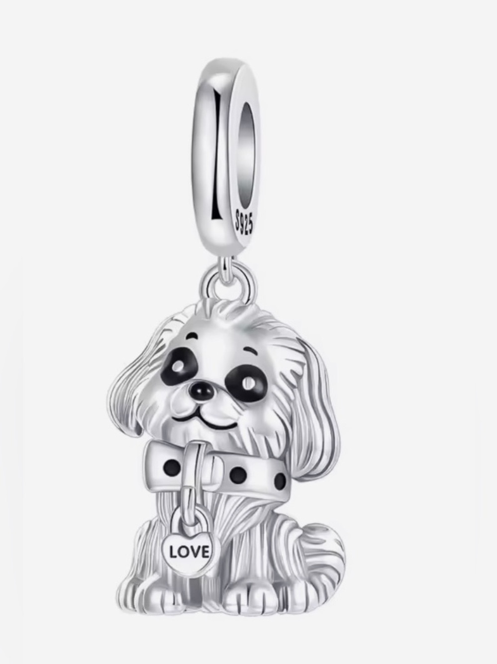 Silver & Black Puppy Dog Dangle Charm with 'LOVE' Tag